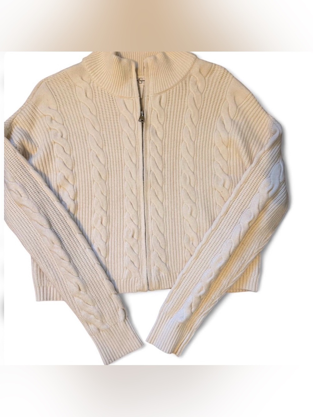 Jessica Simpson Cream Cable Knit Zip-Front Cardigan Sweater